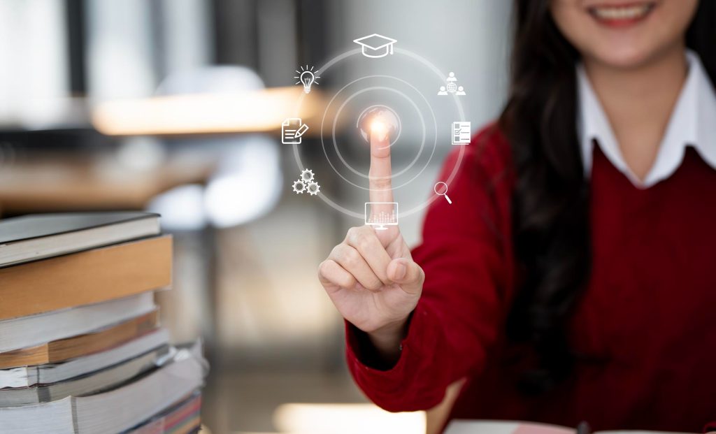 Il ruolo della tecnologia nell'organizzazione dei corsi ibridi ragazza con libri e touch screen