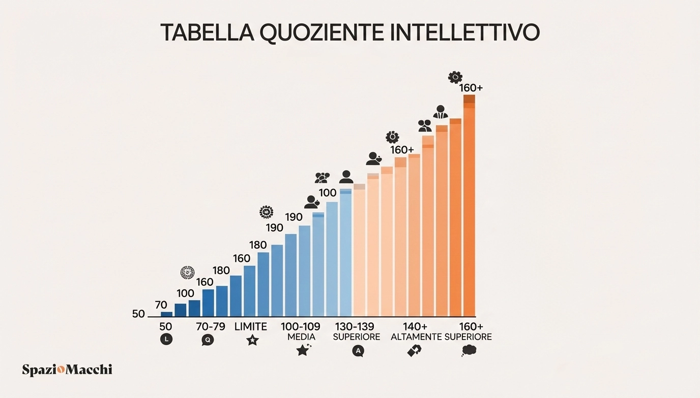 Tabella Quoziente Intellettivo aggiornata con grafici della curva di Gauss e classificazioni dei punteggi QI (Media, Superiore, Altamente Superiore).